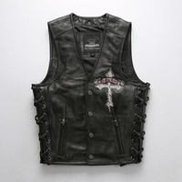 Veste de club MC en cuir de vache véritable avec lacets latéraux, patch brodé tête de mort et croix au dos, veste de motard