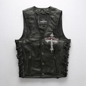 Veste de club MC en cuir de vache véritable avec lacets latéraux, patch brodé tête de mort et croix au dos, veste de motard - Product Image 3
