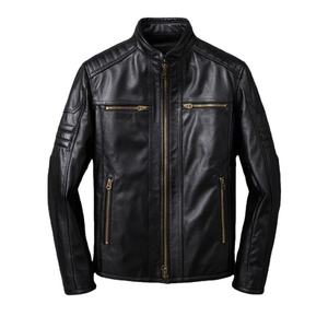 Men Genuine Leather <b>Jacket</b> Biker Style <b>Zip</b> <b>Up</b> Stand Collar Regular Fit Outerwear for Autumn Winter - Product Image 5