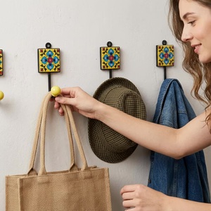 Handmade Ceramic Wall <b>Hook</b> Floral Tile Design Yellow Blue Red Pattern Traditional Style Single <b>Hook</b> <b>Hanging</b> Decor Waterproof - Product Image 2
