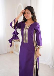 Tenue traditionnelle indienne en crêpe naturel avec dentelle à miroirs véritable, ensemble salwar kameez et dupatta en dentelle à miroirs véritable pour femmes - Product Image 5