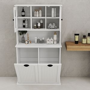 Mobiletto Alto da Bagno Bianco a Due Scomparti con Cesto per Biancheria Sporca Ribaltabile e 2 Ripiani Regolabili - Product Image 6