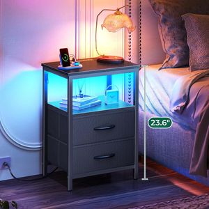 Comodino LED con Stazione di Ricarica, 2 Cassetti, Tavolino da Letto in Tessuto e Comodino con Ripiano Aperto - Product Image 3