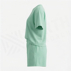Conjunto de 2 Piezas para Mujer, Color Verde Sólido, Tejido de Punto, Cuello Redondo, Manga Corta, Corte Holgado, Casual, Por Encima de la Rodilla, Transpirable, para Uso Diario - Product Image 3