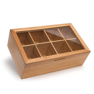 Wholesale natural bamboo wooden tea storage stash box gift packaging organizer with clear acrylic lid