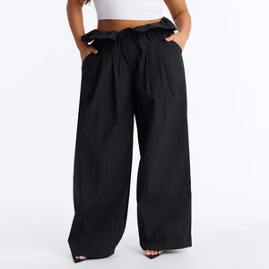 Pantalon large pour femme avec taille paperbag et cordon de serrage, coupe décontractée, tissé, OEM, marque privée, pantalon homme - Product Image 1