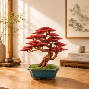 Árbol Bonsái de Arce de Aluminio Hecho a Mano por Tinh Tan Art, con Hojas Rojas, Maceta Rectangular Decorativa, Estilo Zen, para el Hogar, Año Nuevo Chino, Navidad - Product Image 2