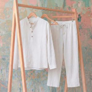 Custom Men's White Linen 2 Piece Set Summer Beach Casual Long Sleeve Henley Shirt - Product Image 2