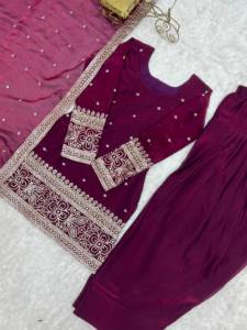 Designer Embroidery Sequence And Zari Work Fandy Silk <b>Top</b> With Farshi Salwar Bottom And Dupatta Fully Stitched Ready To Wear Set - Product Image 5