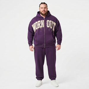 Men's Plus Size Zipper Hoodie Tracksuit Long Sleeve Distressed <b>Embroidery</b> Heavyweight 100% Cotton Fleece Plus Size Two Piece <b>Set</b> - Product Image 1