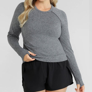 Women Yoga Padded Longline Workout Crop Length Shirt Crew Neck <b>Thumb</b> Hole <b>Cuffs</b> Seamless Knitted Yoga Fitness Workout Shirt - Product Image 2