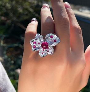 Women's Flower <b>Ring</b> Ruby Center Stone Gold Plated White Gold 14K IGI Certified Brilliant Cut Diamond Cluster Engagement Jewelry - Product Image 2