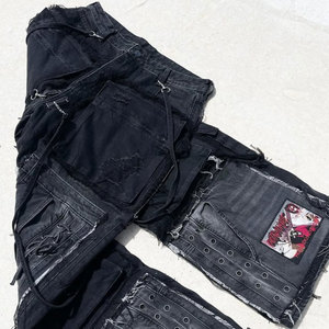 EXITO INTL <b>Men's</b> Black for Wash Distressed Denim Cargo Pants Multiple Pockets Frayed Edges High Waist <b>Drawstring</b> Closure - Product Image 4