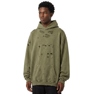 Sudadera con Capucha Verde Oliva Desgastada de Moda para Hombre, Oversize, Estilo Urbano, de Gran Gramaje, Lavado Vintage, con Bolsillo Canguro, Personalizable OEM - Product Image 1