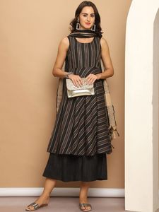 <b>Women</b> Traditional Black Cotton Digital Print <b>Kurta</b> Dupatta A-Line Sleeveless Regular Fit Knee-Length Quick Dry Casual Wear India - Product Image 3