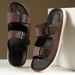Sandales marron pour hommes à triple boucle, à enfiler, à bout ouvert, semelle plate, légères, décontractées, pour l'été, les voyages en extérieur et le quotidien - Product Image 5