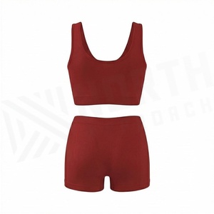 2 Piece Yoga Set Solid <b>Red</b> Racerback <b>Crop</b> <b>Top</b> High Waist Shorts Seamless Breathable Sportswear - Product Image 2