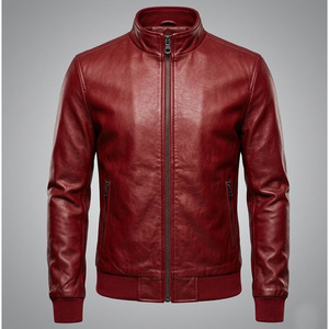 Chaqueta Bomber de Cuero Genuino y Lona Color Borgoña para Hombre 2026, Cuello Alto, Cierre Frontal con Cremallera, Estilo Casual, Motociclista, Personalizada OEM - Product Image 1