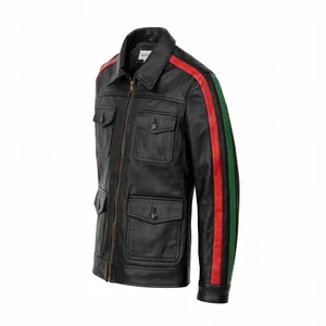 Veste en cuir véritable unisexe noire avec manches rayées rouge et vert, 4 poches, fermeture éclair, style trucker vintage, vêtement d'extérieur, logo personnalisé O - Product Image 4