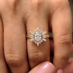 Bagues de mariage en or jaune 14K 18K avec diamant de laboratoire ovale Starburst Halo, certifiées IGI, bijoux personnalisés, fournisseur en gros - Product Image 2