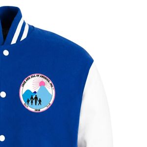 Veste universitaire Jack & Jill avec lettres et écusson d'organisation, bleu roi et blanc, vêtements d'événement de qualité supérieure, approvisionnement en gros - Product Image 5