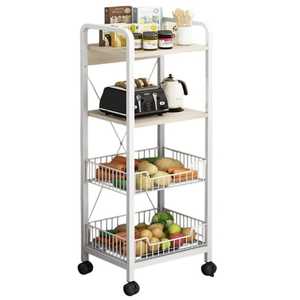 Chariot roulant Skies Trader à 4 niveaux en métal blanc avec étagères en bois et paniers en fil métallique, chariot de boulanger mobile, chariot de cuisine pour épices et appareils - Product Image 1