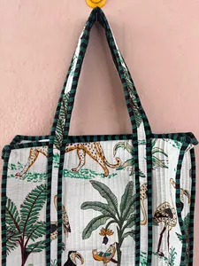 Bolso de mano de algodón acolchado a la moda con estampado de animales de la selva, bolso de compras de gran capacidad para mujer, para todas las estaciones. - Product Image 2