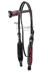 Salopette occidentale en cuir véritable gaufré à la main Style selle anglaise confortable et durable ensemble de colliers de poitrine Concho indien - Product Image 3