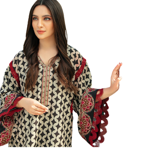 Gedrukt gestikte pak dames casual Pakistaanse stijl katoenen jurk - Product Image 3