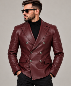 <b>Men's</b> Luxury Maroon <b>Leather</b> <b>Blazer</b> Double Breasted Tailored Fit Six Button Closure for Lapel Italian Style Anti-shrink - Product Image 3