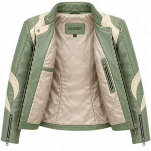 Veste en cuir d'agneau véritable pour femme, couleur vert sauge, col montant, panneau incurvé, style motard, coupe ajustée, fermeture éclair, vêtement d'extérieur - Product Image 5