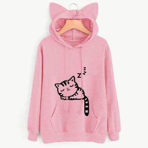 CROWN GATE INTERNATIONAL Sweat-shirt décontracté en coton tricoté respirant avec capuche oreilles de chat pour femme, couleur unie, avec poches, pour l'automne - Product Image 4