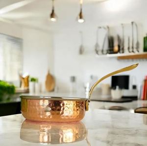 Copper Cookware Round Sauce Pan with <b>Hammered</b> Design Metal Brass Handle for Cooking and Serving Copper Cookware Round Sauce Pan - Product Image 3