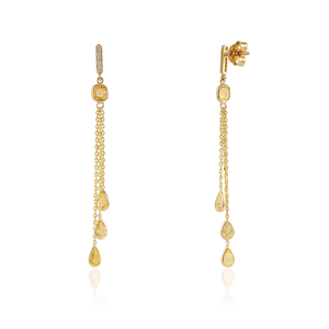 Latest Women's Design Light Weight Yellow Sapphire & <b>Diamond</b> Triple Link Chain Drop <b>Earrings</b> Real K14 Solid Gold Bulk Jewelry - Product Image 5