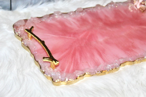 Plateau en cristal de quartz rose fait main, plateau en résine époxy avec bord en quartz rose, plateau en résine blanche et rose par Perfect Enterprises - Product Image 4