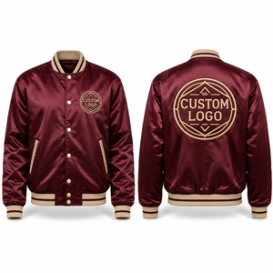 Wholesale Satin <b>Jacket</b> Cuffs Waistband Snap Button Zipper Closure Bomber Varsity Streetwear Fashion Casual <b>Mens</b> Womens Oversized - Product Image 1