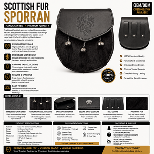 Sporran Tradicional Escocés de Piel con Cresta de León Grabada, Bolsa para Kilt, Vestido Highland, Sporran con Borlas y Lazos para Cinturón - Product Image 3