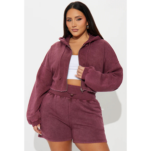 Conjunto de Sudadera con Capucha y Pantalones Cortos Vintage para Mujer, de Alta Calidad, Lavado, Liso, Personalizable, Ropa Deportiva Informal - Product Image 4