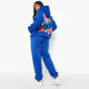 Women's Blue Hooded Tracksuit Set Full Sleeve Floral Embroidery Casual Sweatshirt <b>Pants</b> Plus Size Spring Wear - Product Image 3