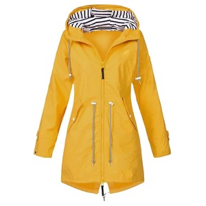 Women Yellow <b>Rain</b> <b>Jacket</b> Hooded Waterproof Mid Length Drawstring Windbreaker Ladies Outdoor Raincoat - Product Image 4