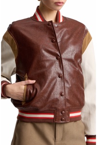 Veste universitaire en cuir véritable pour femme avec manches contrastées et col boutonné, style automne - Product Image 5