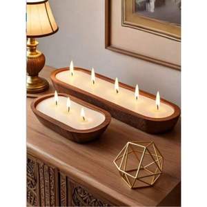 Bougie de luxe en bois sculpté à la main avec couvercle - Bougie parfumée à la cire naturelle à 2 mèches - Bol décoratif en bois réutilisable - Product Image 2