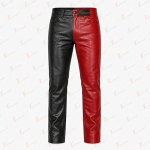 Pantalones de Cuero para Hombre Thorbeak, Diseño Color Block, Cintura Alta, Estilo Motociclista, Negro y Rojo, Cierre de Cremallera - Product Image 4