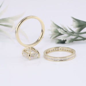 Yellow Gold Emerald Cut Lab Grown Diamond Engagement <b>Ring</b> <b>Set</b> Classic Solitaire Channel Eternity <b>Wedding</b> Band Fine Jewelry <b>Women</b> - Product Image 4