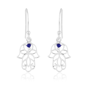 Boucles d'oreilles Hamsa en Lapis Lazuli naturel – Boucles d'oreilles pendantes Main de Fatima en argent sterling 925 - Product Image 1