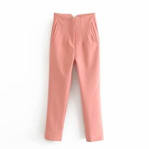 Pantalon crayon taille haute uni pour femme, formel, longueur cheville, en tissu peigné, avec poches et fermeture éclair, style automne - Product Image 3