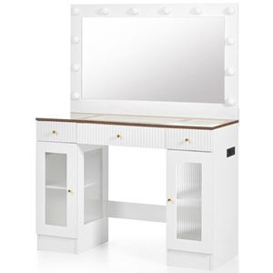 43.3\" Modern Glass Top <b>Makeup</b> <b>Vanity</b> Desk with Large Mirror for Hollywood Bulbs Drawers & Power Outlet for Hollywood Glamour - Product Image 5