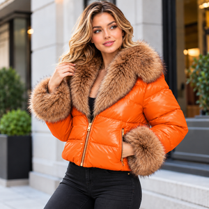 <b>Women</b>’s Orange Puffer Jacket with Fox Fur Collar and Cuffs Luxury Winter Quilted Coat Fashion <b>Outerwear</b> - Product Image 1