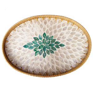 Plateau en rotin MOP (nacre) personnalisable avec logo et taille, pour salon, hôtel, stockage et service alimentaire. - Product Image 1