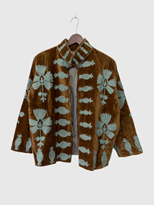 Hand Embroidered Floral Mandarin Collar Velvet Jacket Full Sleeve Batwing Plus Size Adult Women'<b>s</b> Autumn Wear - Product Image 1